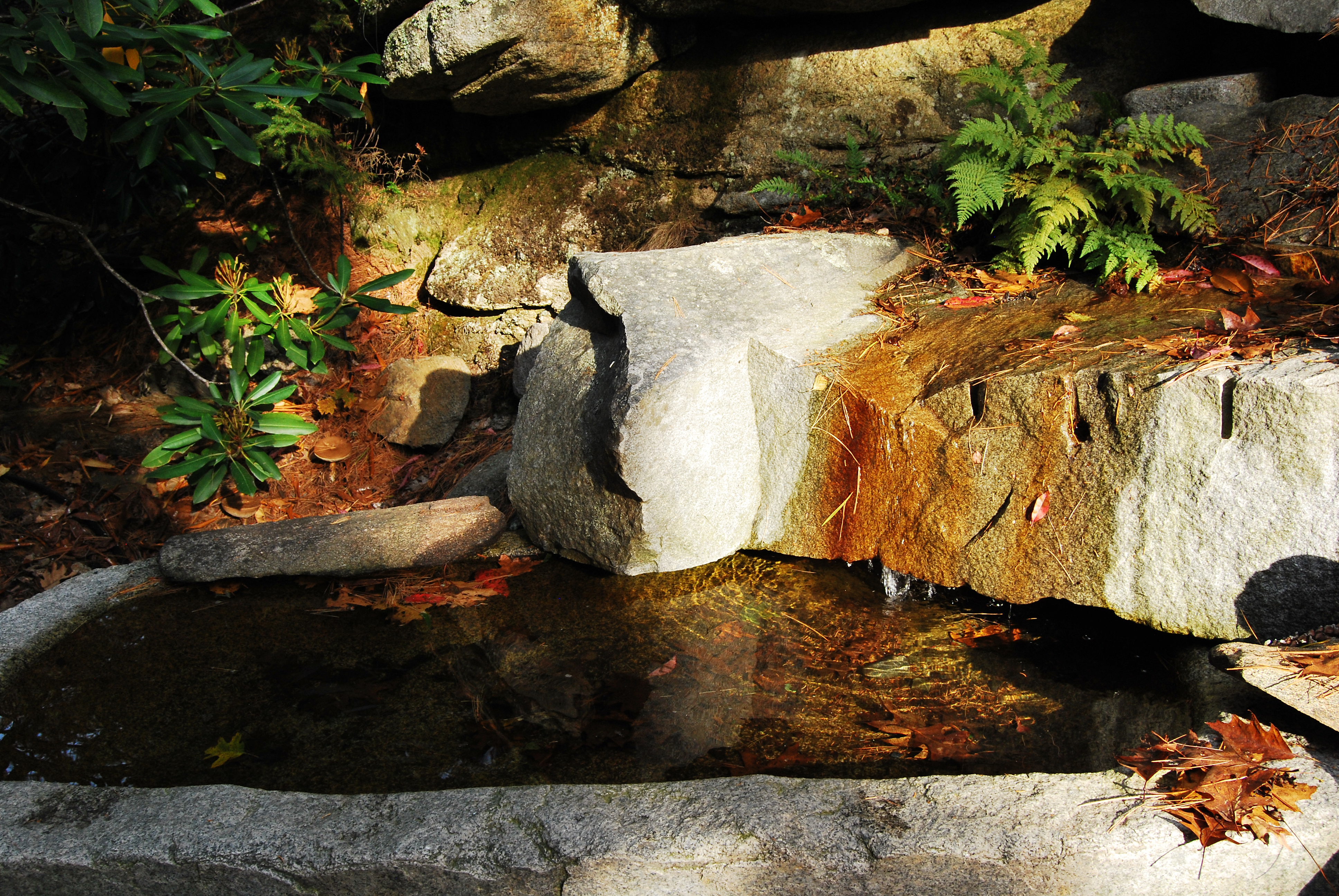 Sunlit rocks with pool of water